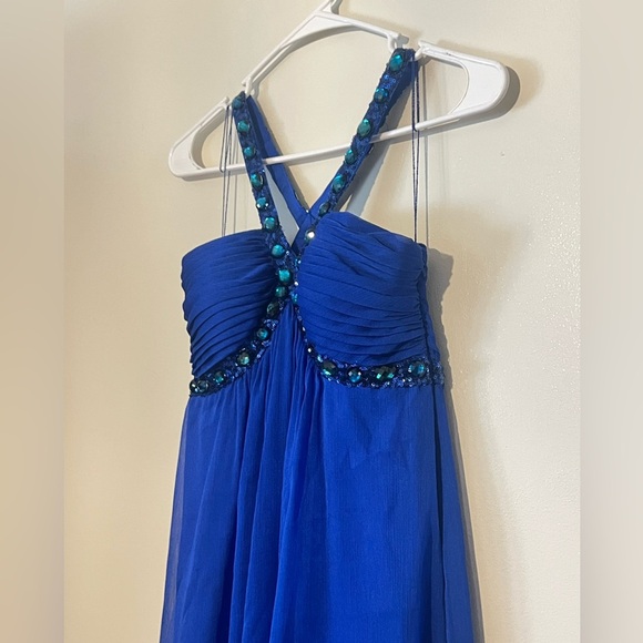 Aqua Blue Ruched Embellished Halter Gown - Picture 1 of 8
